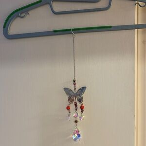 Elegant Butterfly Crystal Sun Catcher with Red and Silver Details